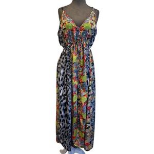 KHAN Silk Blend Mixed Print Maxi Dress Floral Leopard Button Front Free Size‎